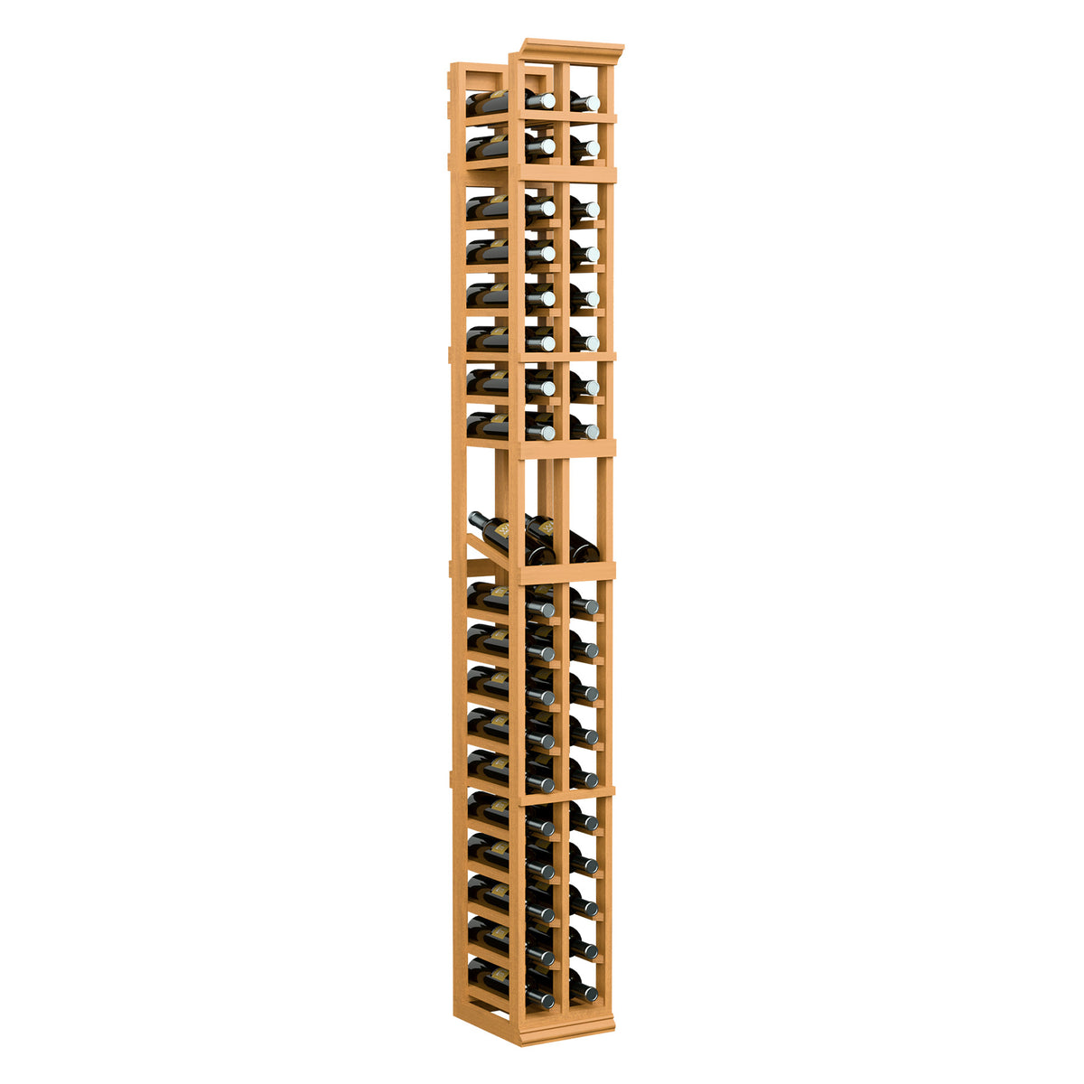 7-ft 2-column wine bottle display rack in golden wood with black dividers