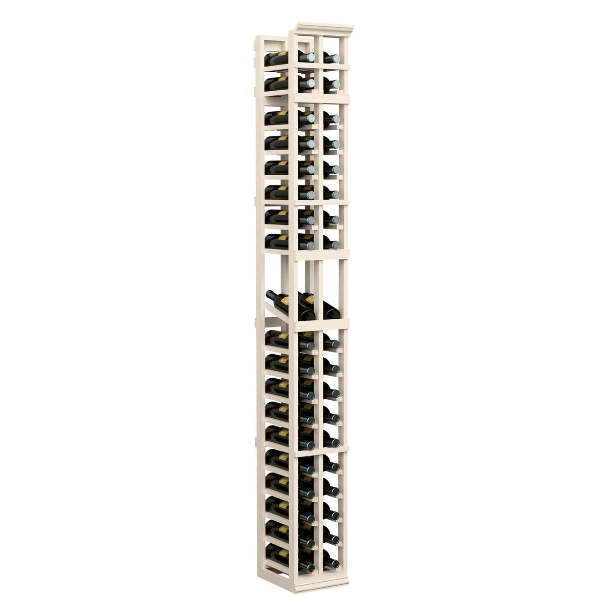 7-ft 2-column wine bottle display rack in white-wash wood with black dividers