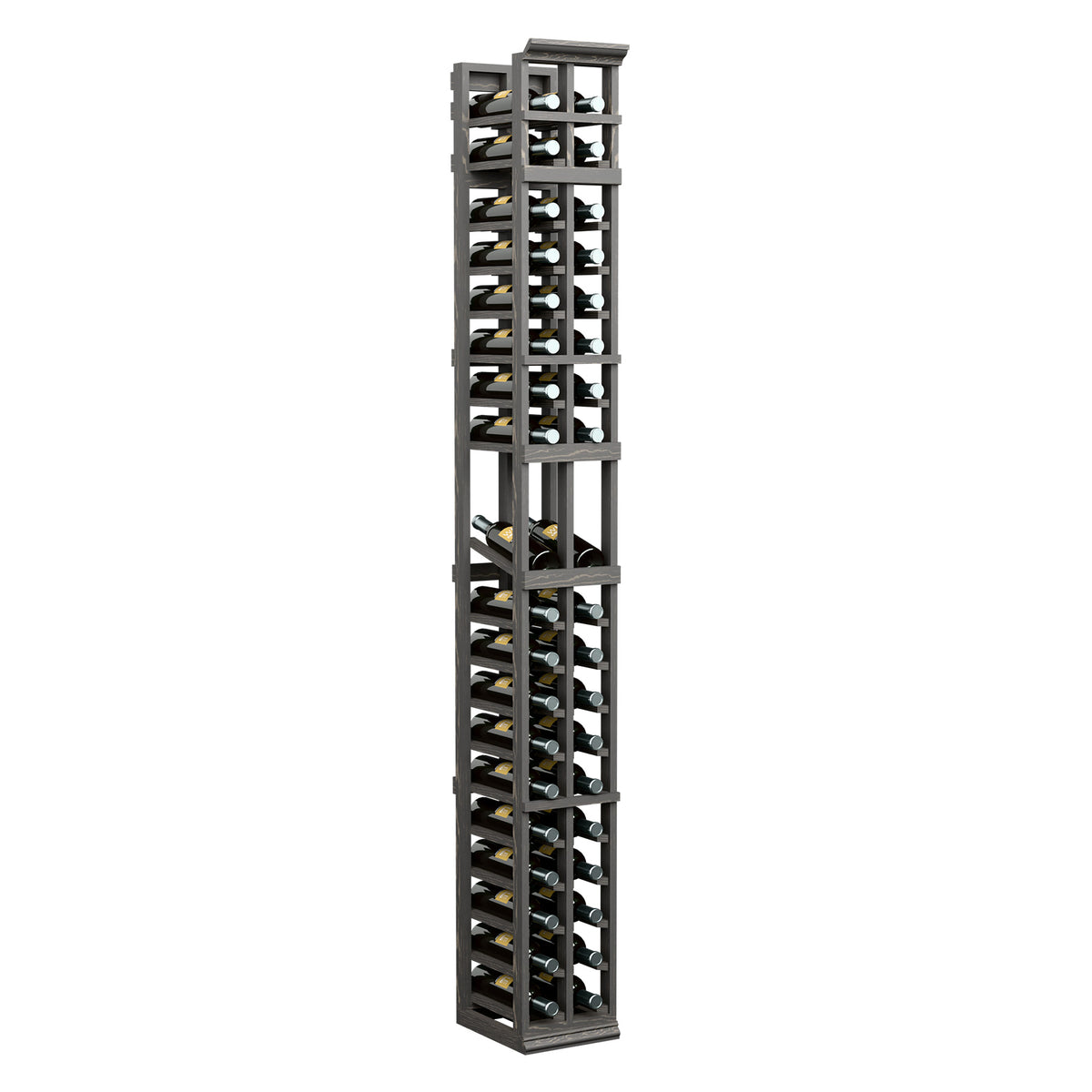 Dark gray 2-column wine bottle display rack with open front slots, tall 7ft