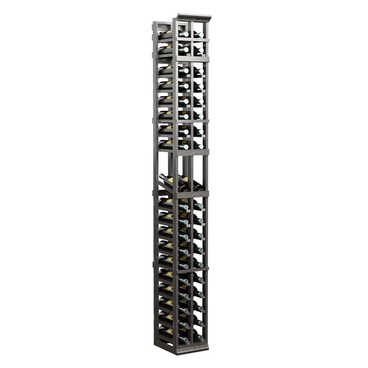 Dark gray 2-column wine bottle display rack with multiple bottle slots, front view