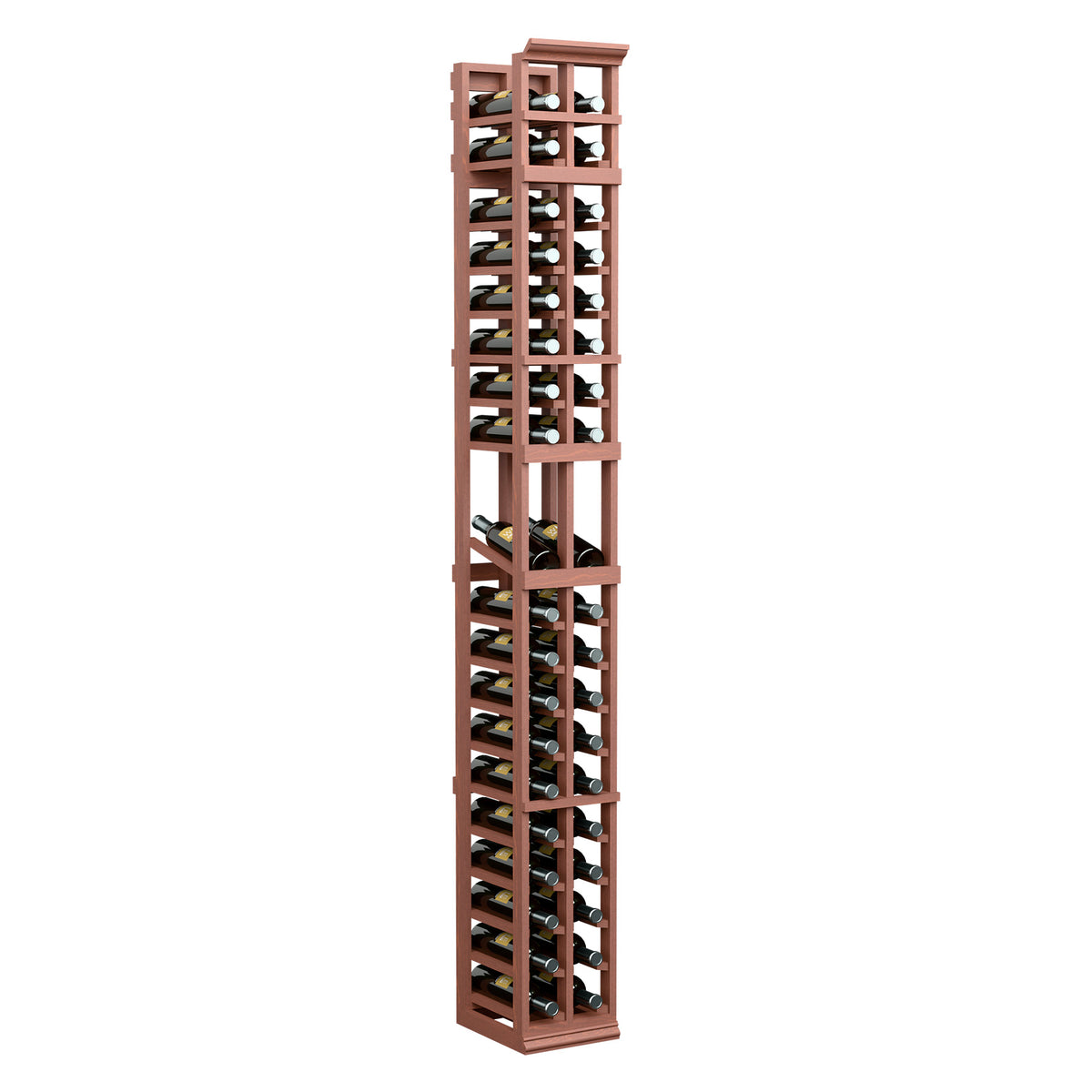 Reddish wood 2-column wine bottle display rack with open bottle slots, tall 7ft