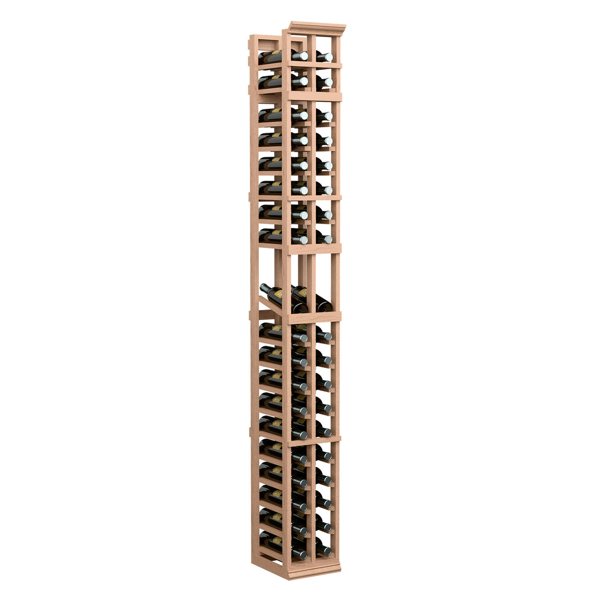 Light wood 2-column wine bottle display rack with open front bottle slots, tall 7ft