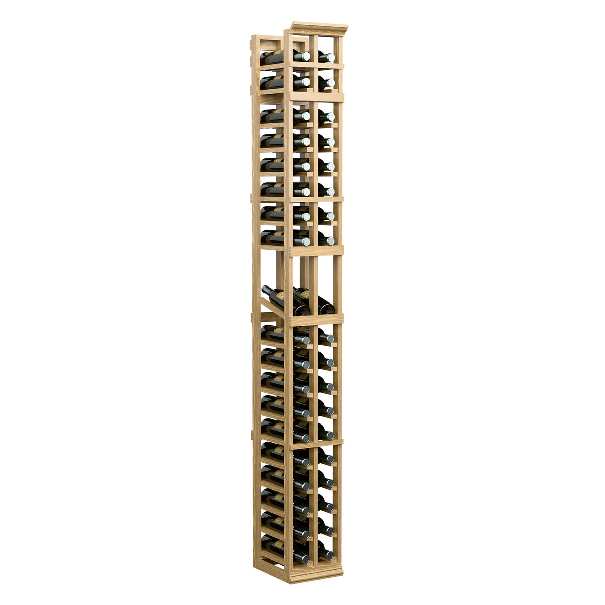 Pale wood 2-column wine bottle display rack with stacked bottle slots, front view