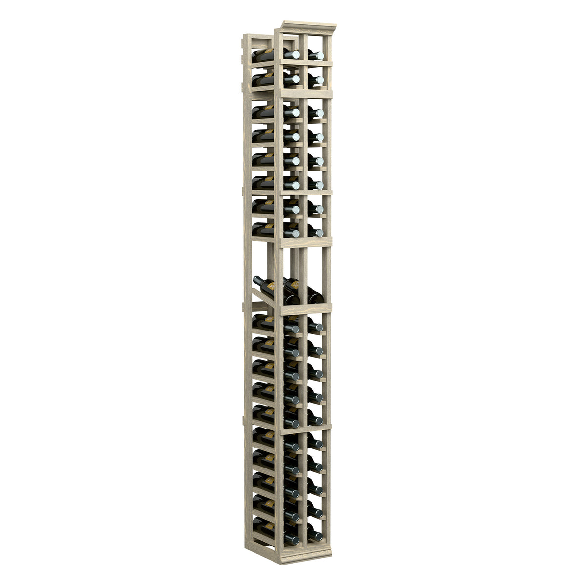 Tall light wood 2-column wine display rack with angled bottle holders