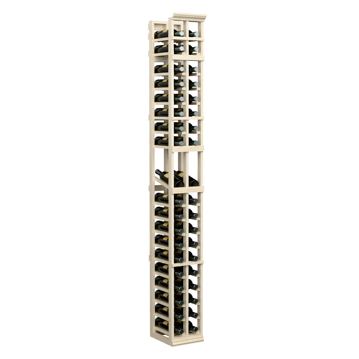 Full-height light wood 2-column wine rack with repeating bottle cubbies