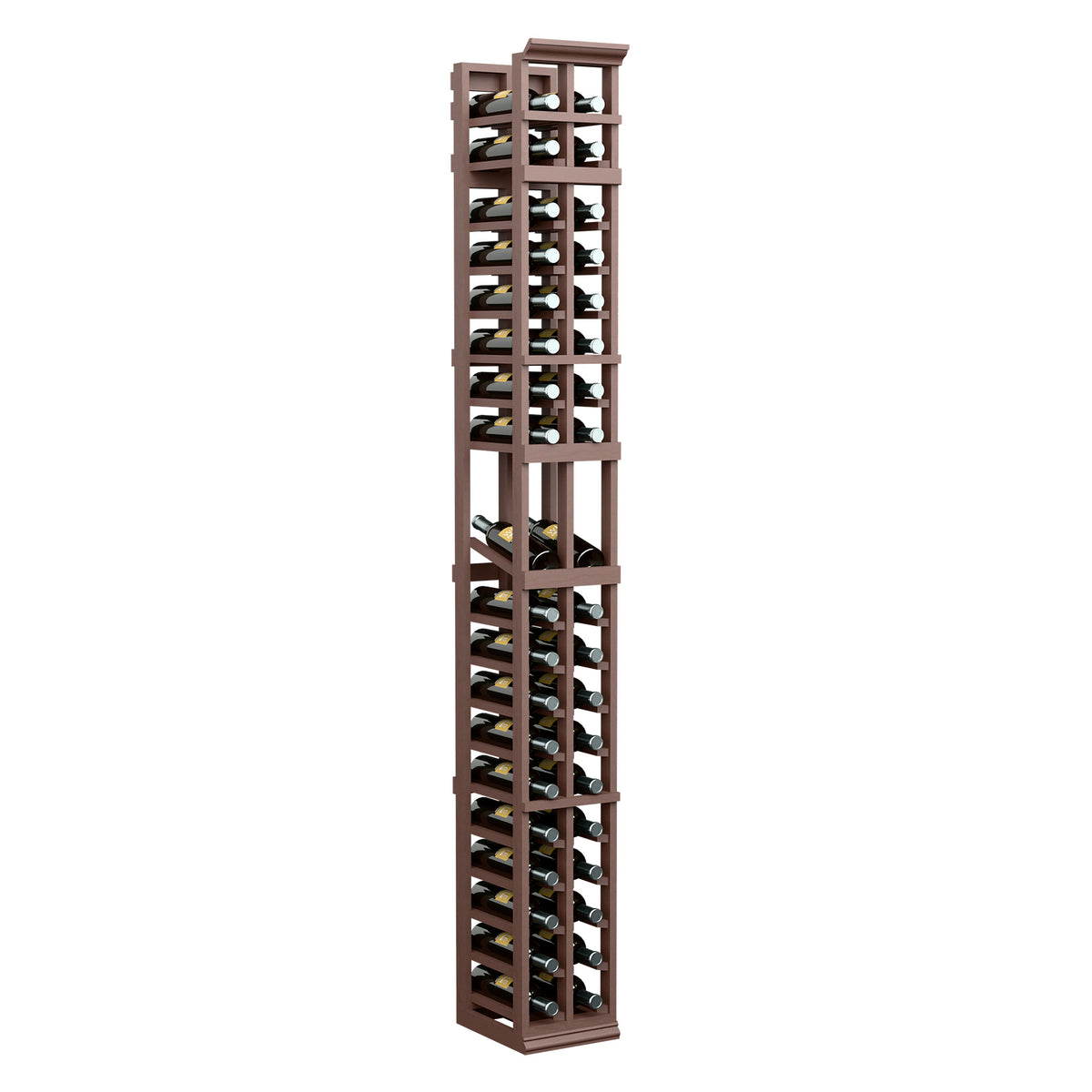 Tall dark wood 2-column wine display rack with black bottle supports