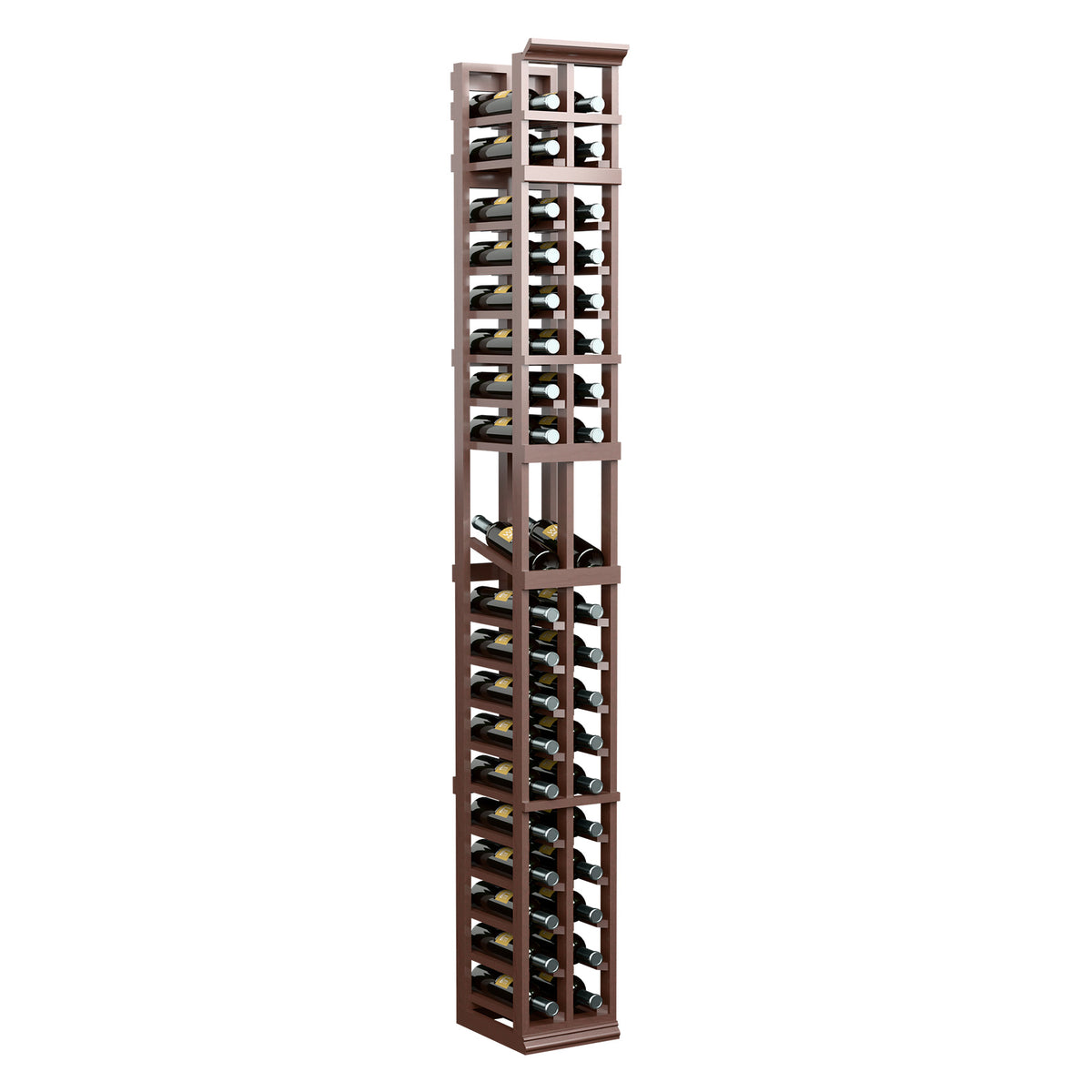 Dark wood 2-column wine rack with stacked bottle compartments and rails