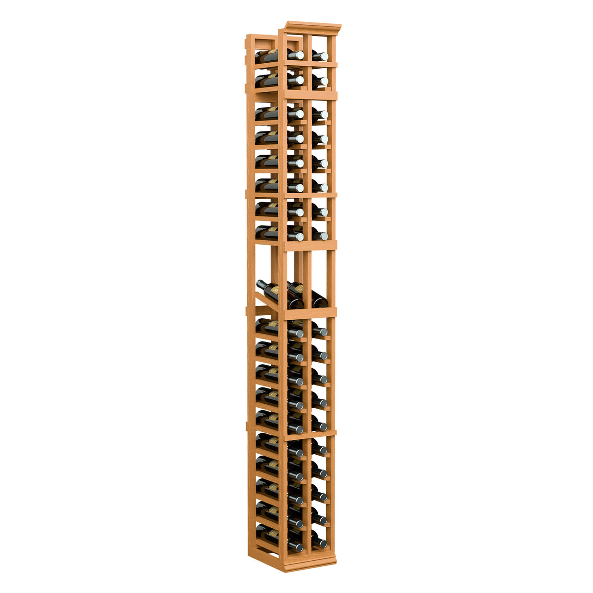 Tall warm wood 2-column wine display rack with black metal bottle cradles