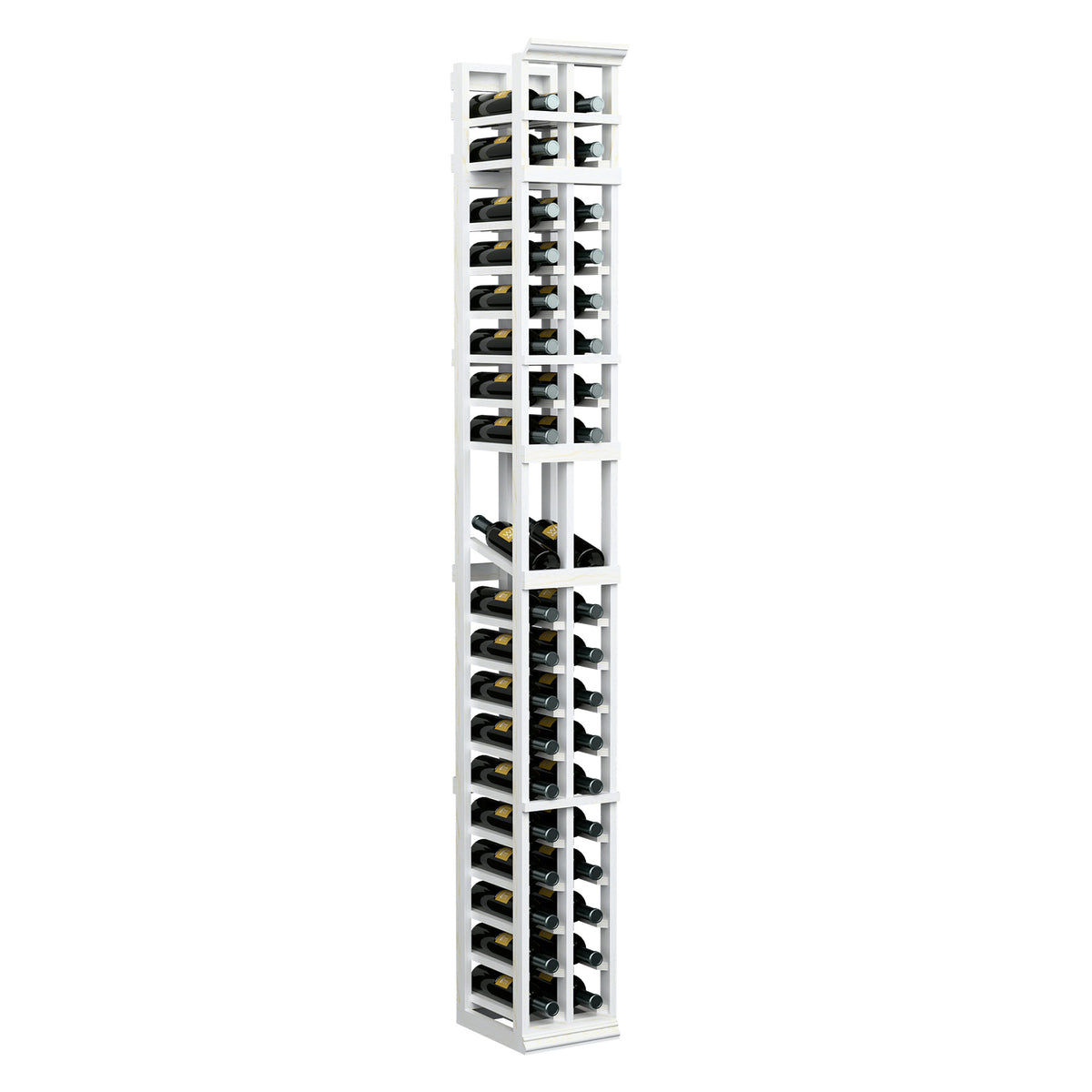 White 2-column wine rack with stacked bottle cubbies and black rails
