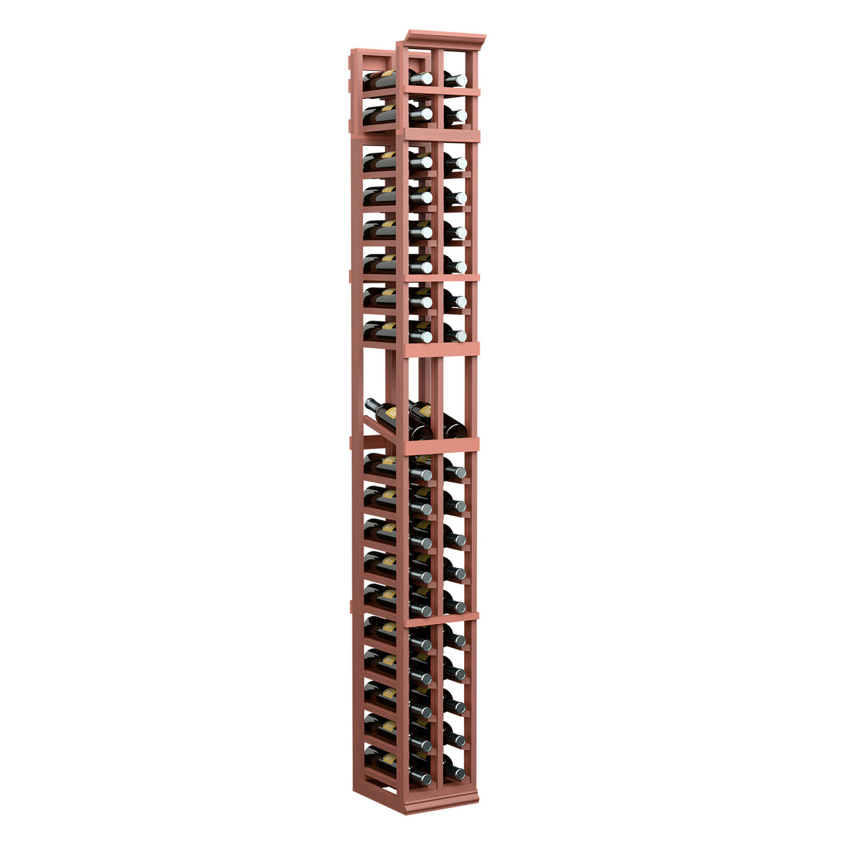 Two-column display rack with terracotta wood frame and open wine bottle slots