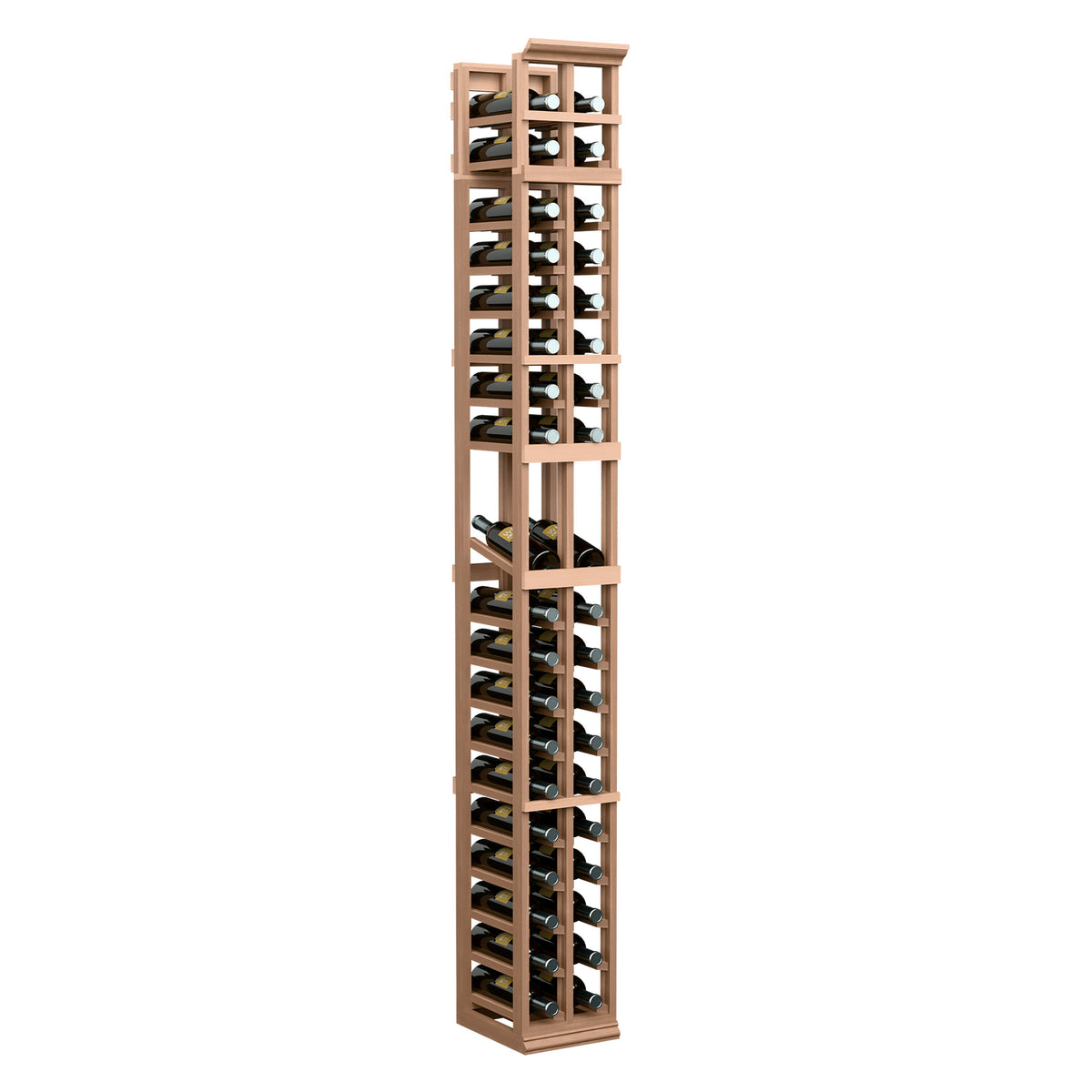 Two-column display rack with light wood frame and open wine bottle slots