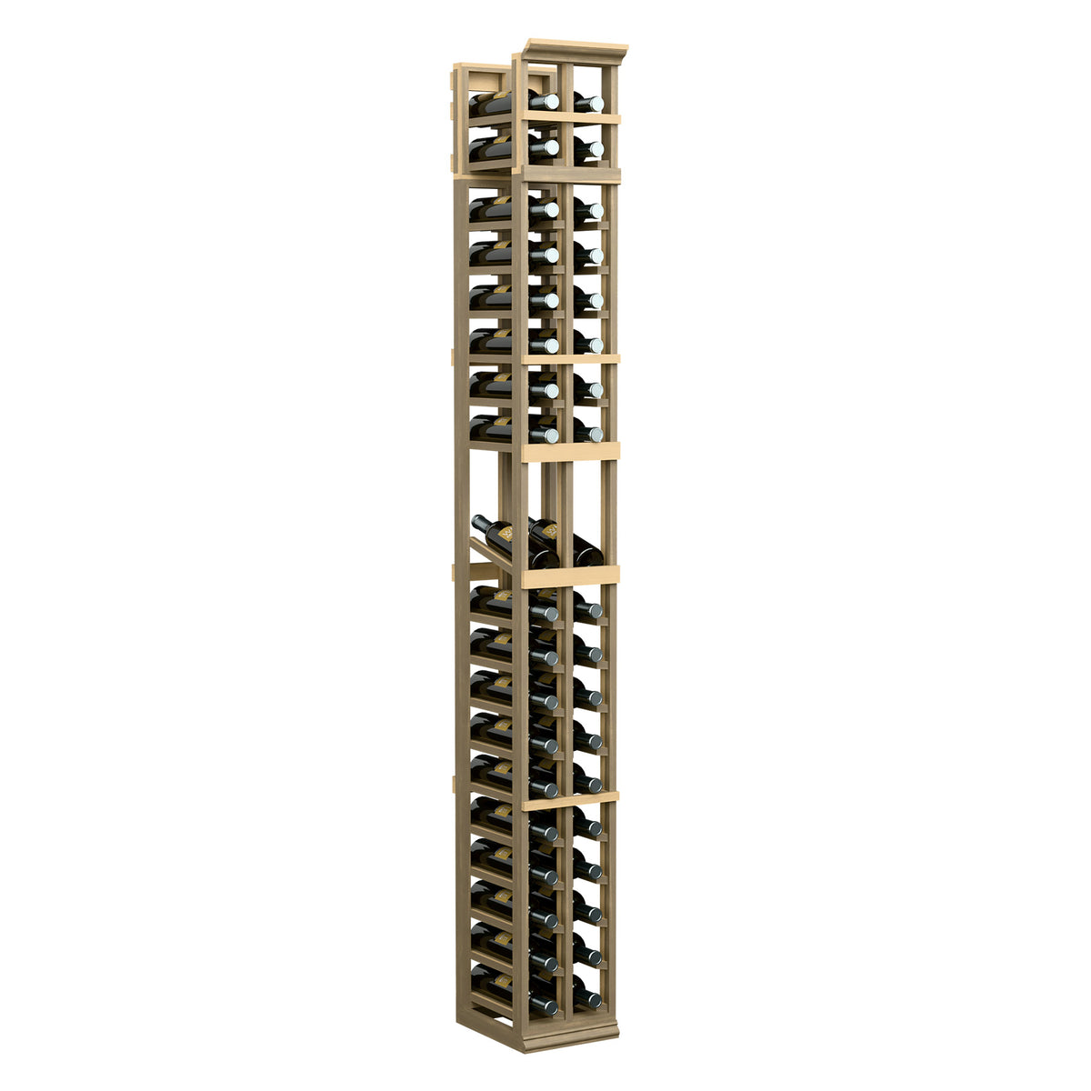 Two-column display rack with pale wood frame and open wine bottle slots