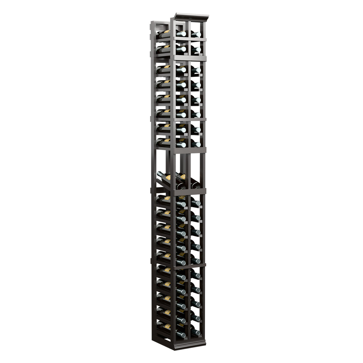 Two-column display rack with dark gray frame and open wine bottle slots