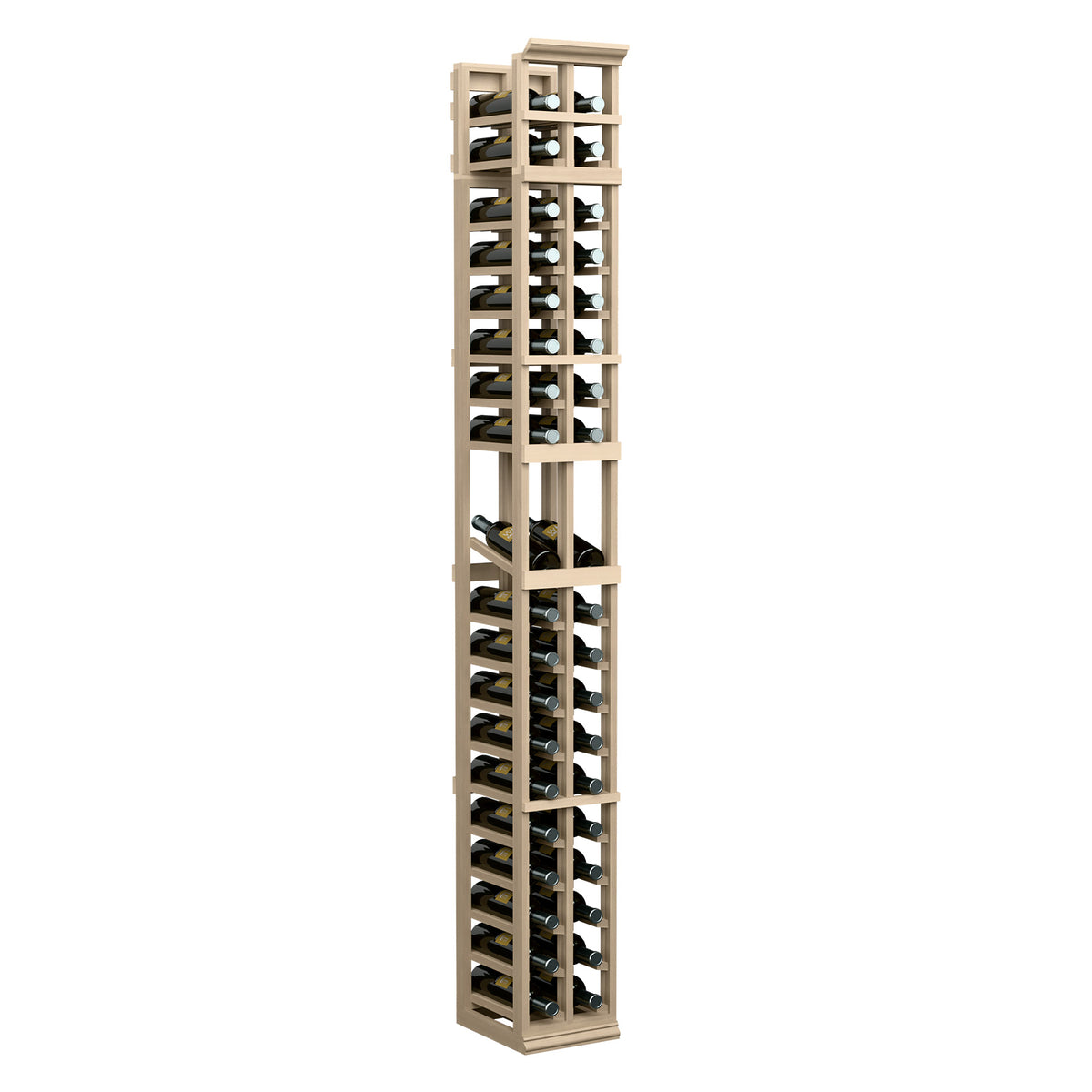 Tall two-column wine bottle display rack, natural light wood with black metal slots