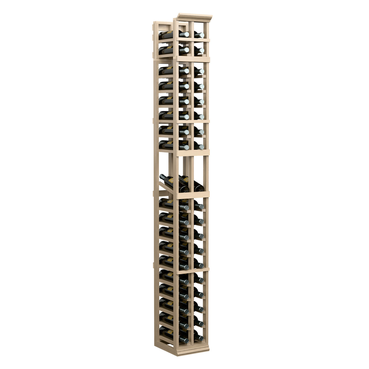 Tall two-column wine bottle rack, light wood frame with black metal dividers