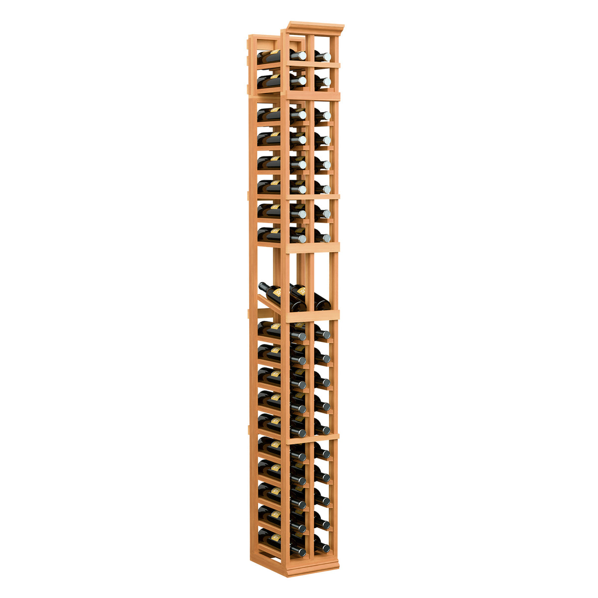 Tall two-column wine bottle display rack, warm orange wood with black metal dividers