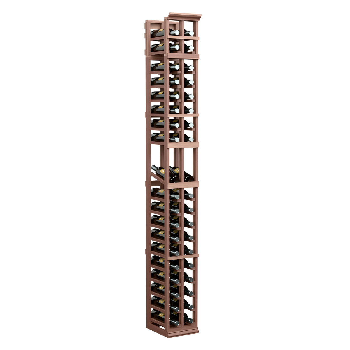 Tall two-column wine bottle display rack, dark brown wood with black metal slots