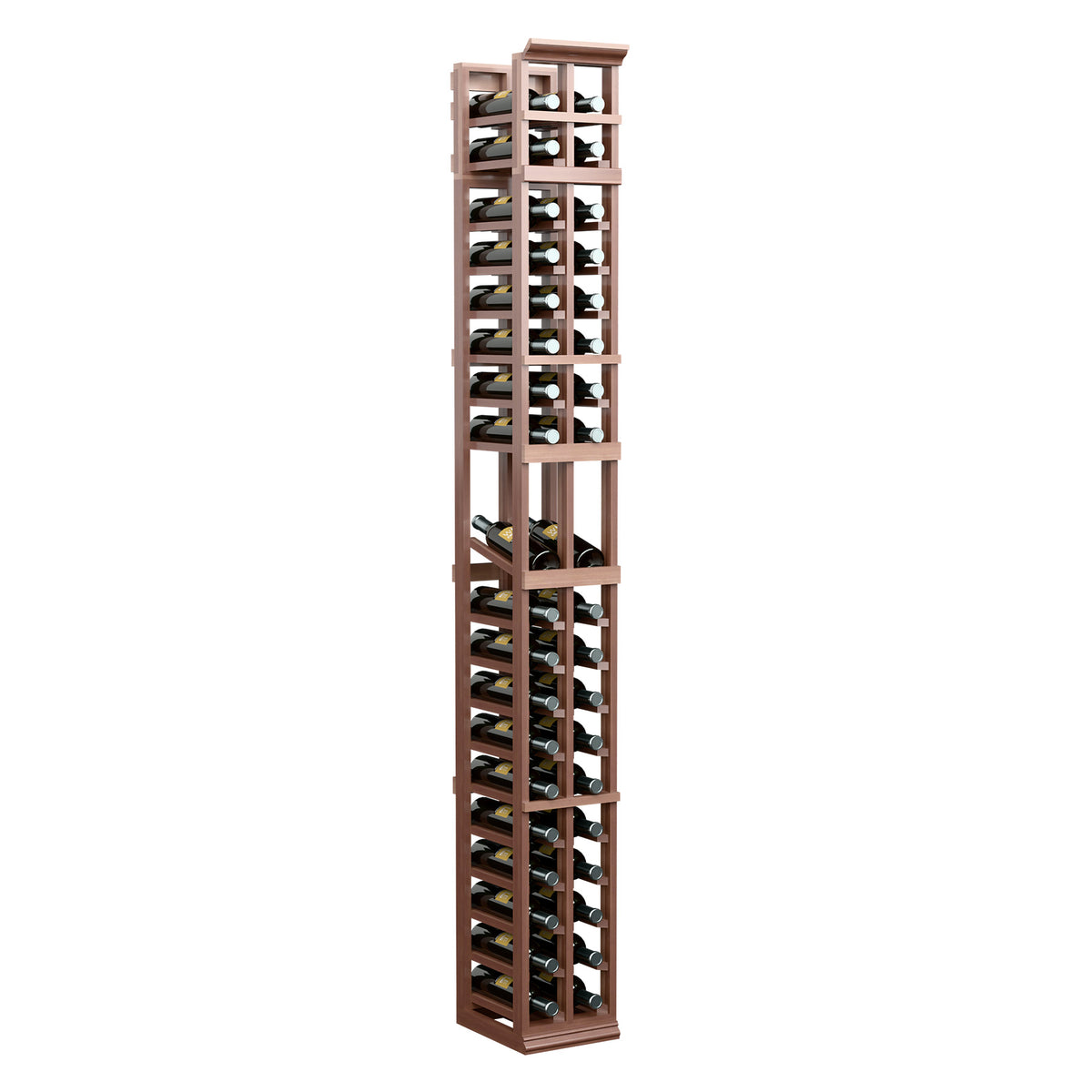 Tall two-column wine bottle rack, rich dark wood with black metal dividers
