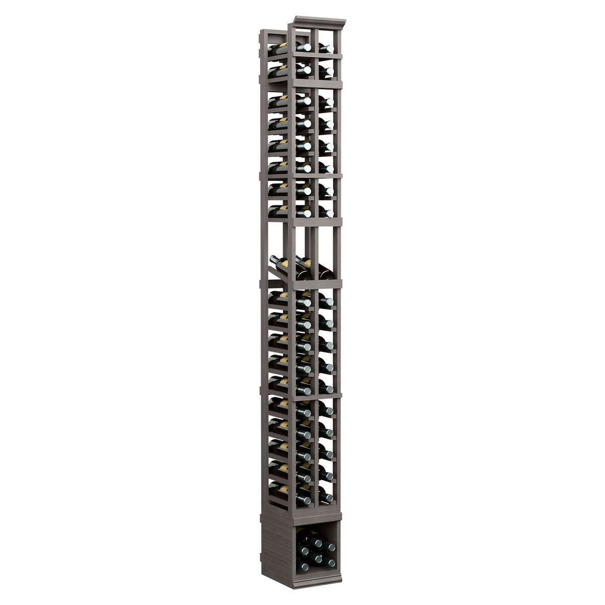 Two-column wine bottle display rack, dark wood frame with open grid shelves