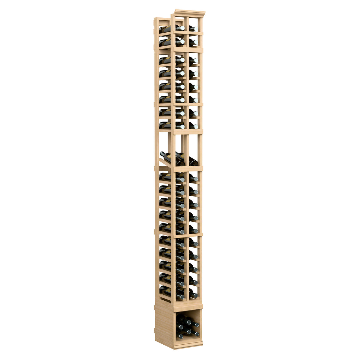 Two-column wine bottle display rack, light wood frame with open grid shelves