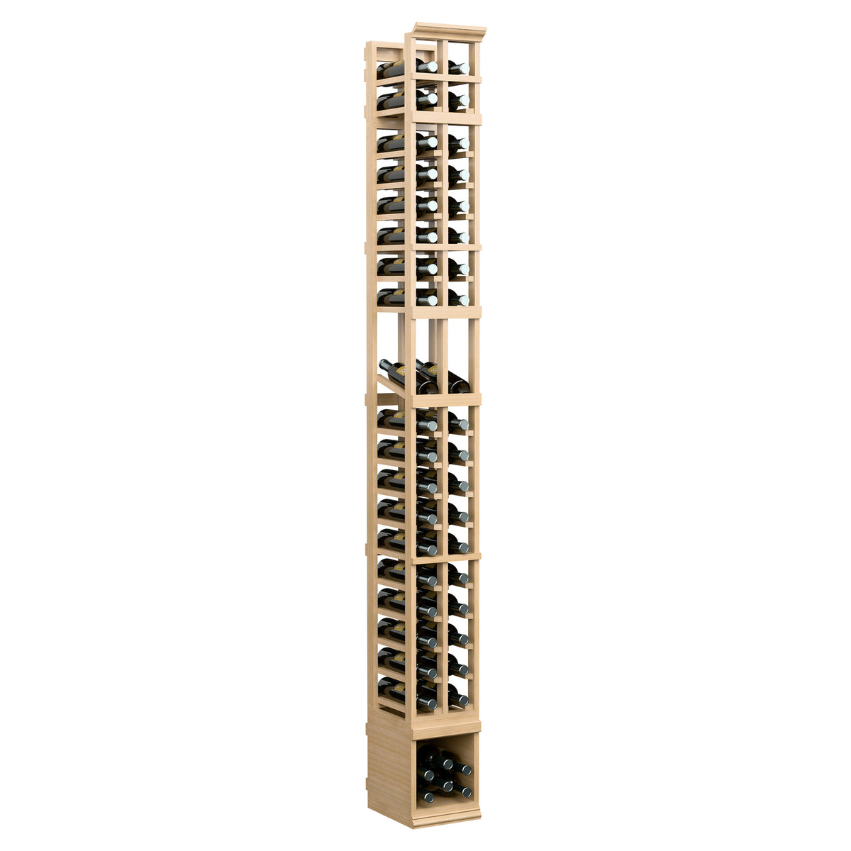 Two-column wine bottle display rack, light wood frame with open grid shelves, side view
