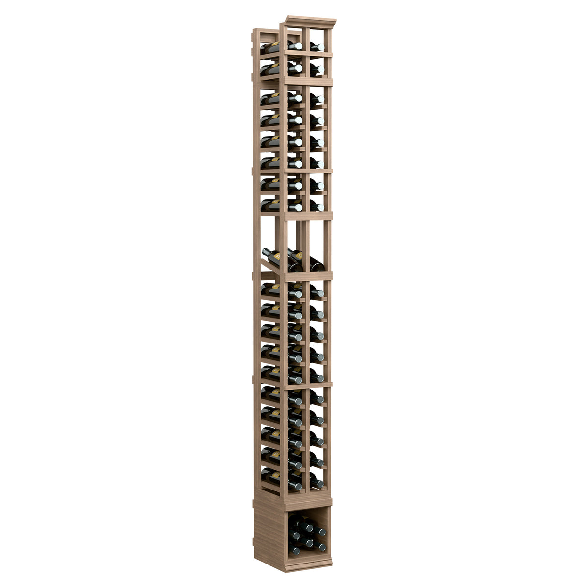 Two-column wine bottle display rack, light wood frame with open grid shelves, angled front
