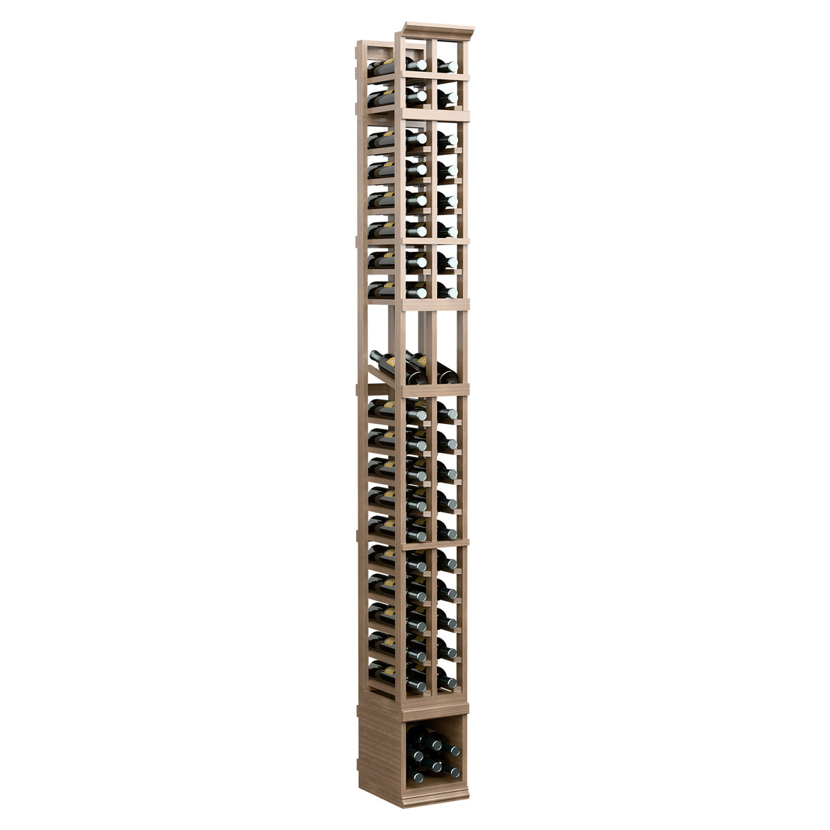 Two-column wine bottle display rack, light wood frame with open grid shelves, full height