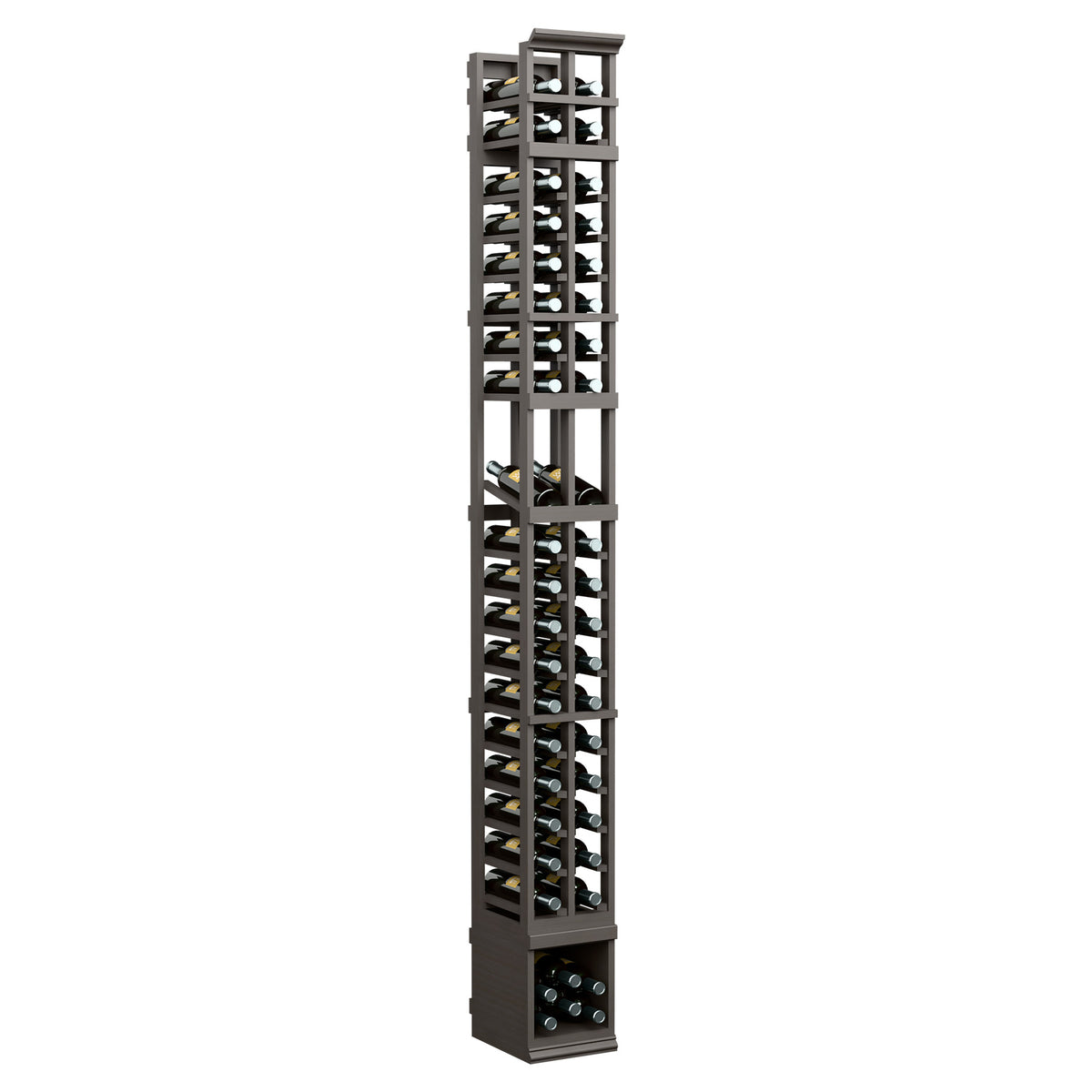 Two-column wine bottle display rack, dark wood frame with open grid shelves, front view