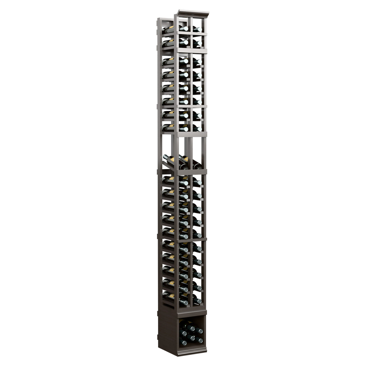 Two-column wine bottle display rack, dark wood frame with open grid shelves, angled view