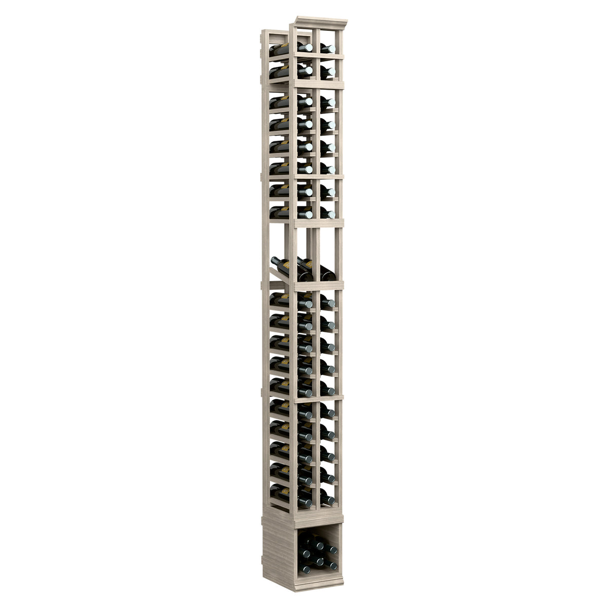 2-column wine bottle display rack in light whitewashed wood, full-height with open cubbies