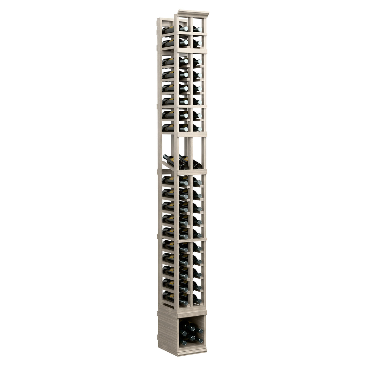 2-column wine bottle display rack in light whitewashed wood, front view with bottle openings