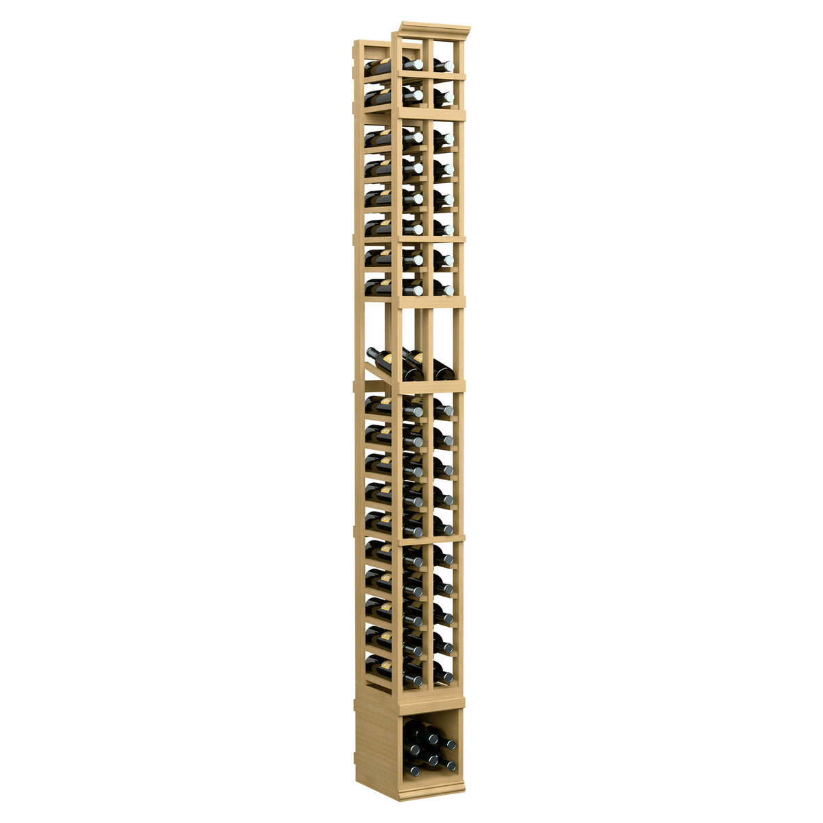 2-column wine bottle display rack in natural light wood, full-height with grid bottle cubbies