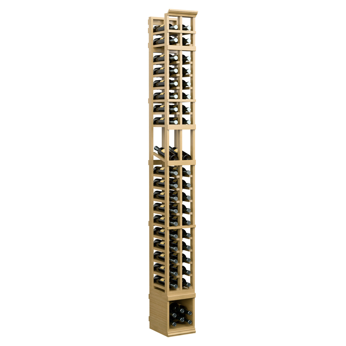 2-column wine bottle display rack in natural light wood, angled front view with bottle openings