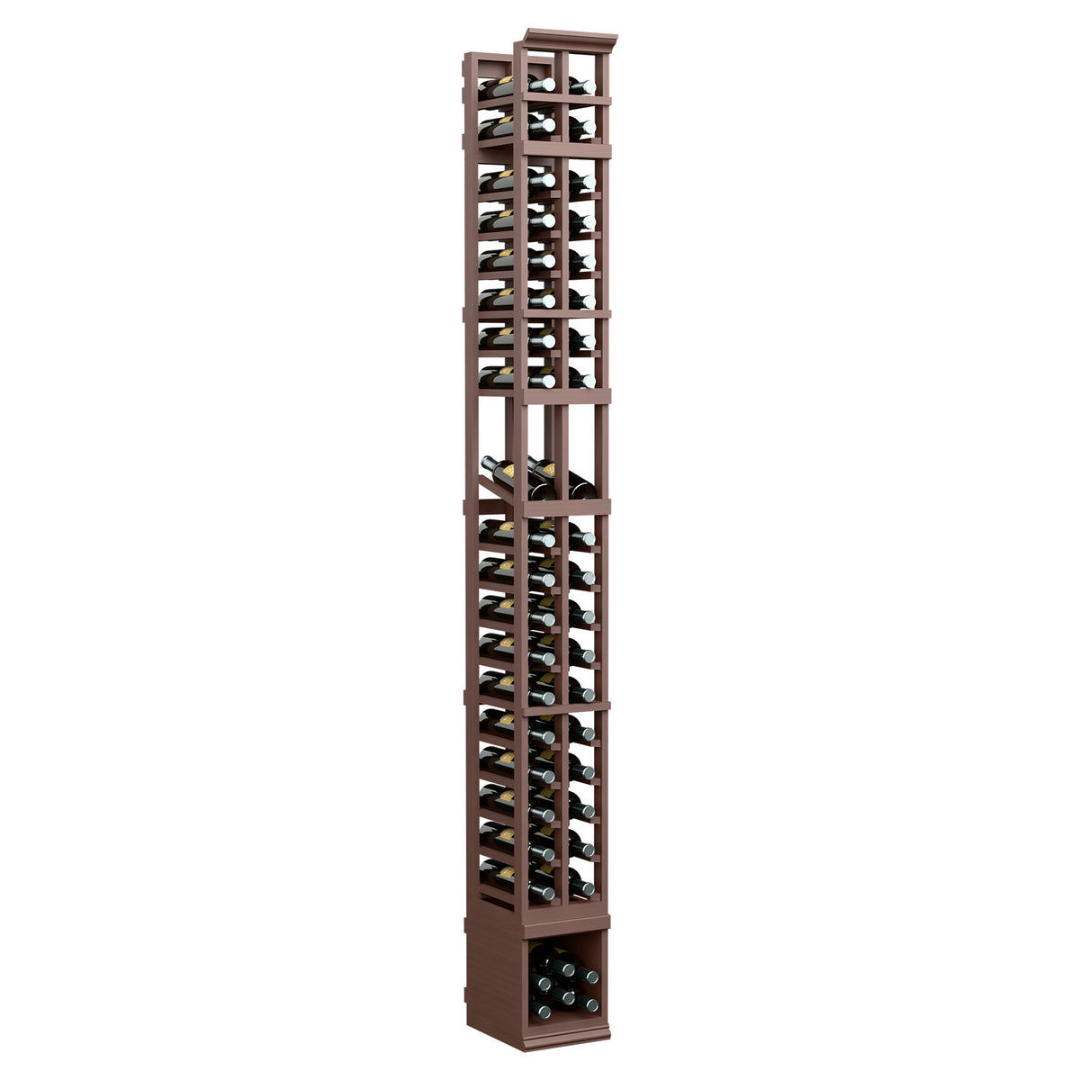 2-column wine bottle display rack in dark stained wood, full-height with open cubbies