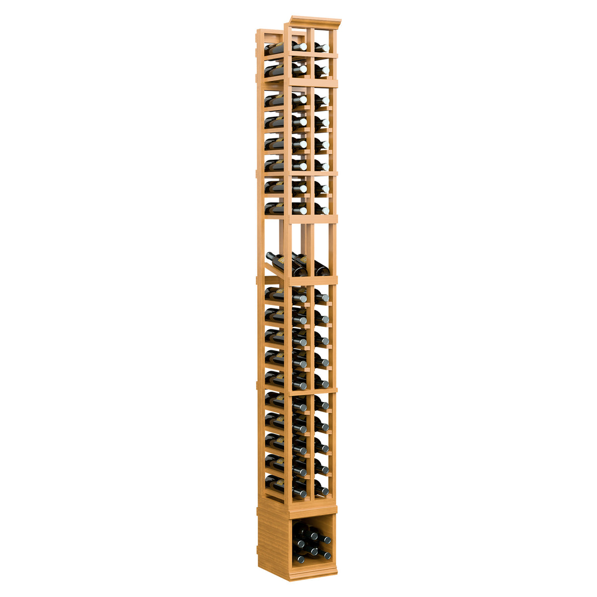 2-column wine bottle display rack in warm honey wood, front view with open bottle compartments