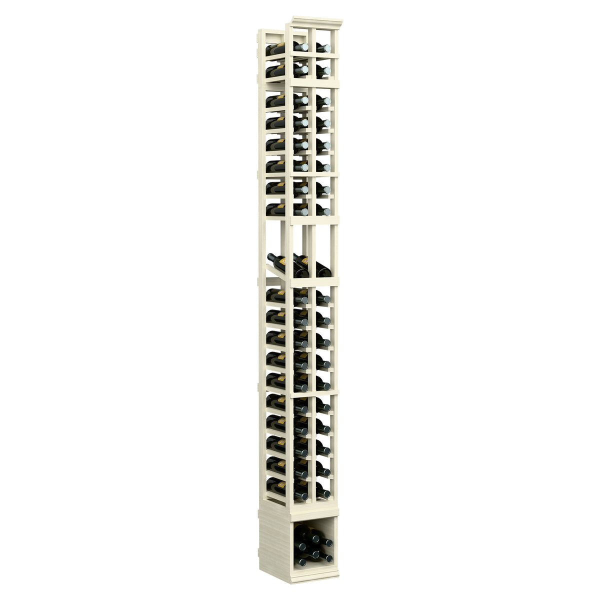 2-column wine bottle display rack in light whitewashed wood, front view with bottle cubbies