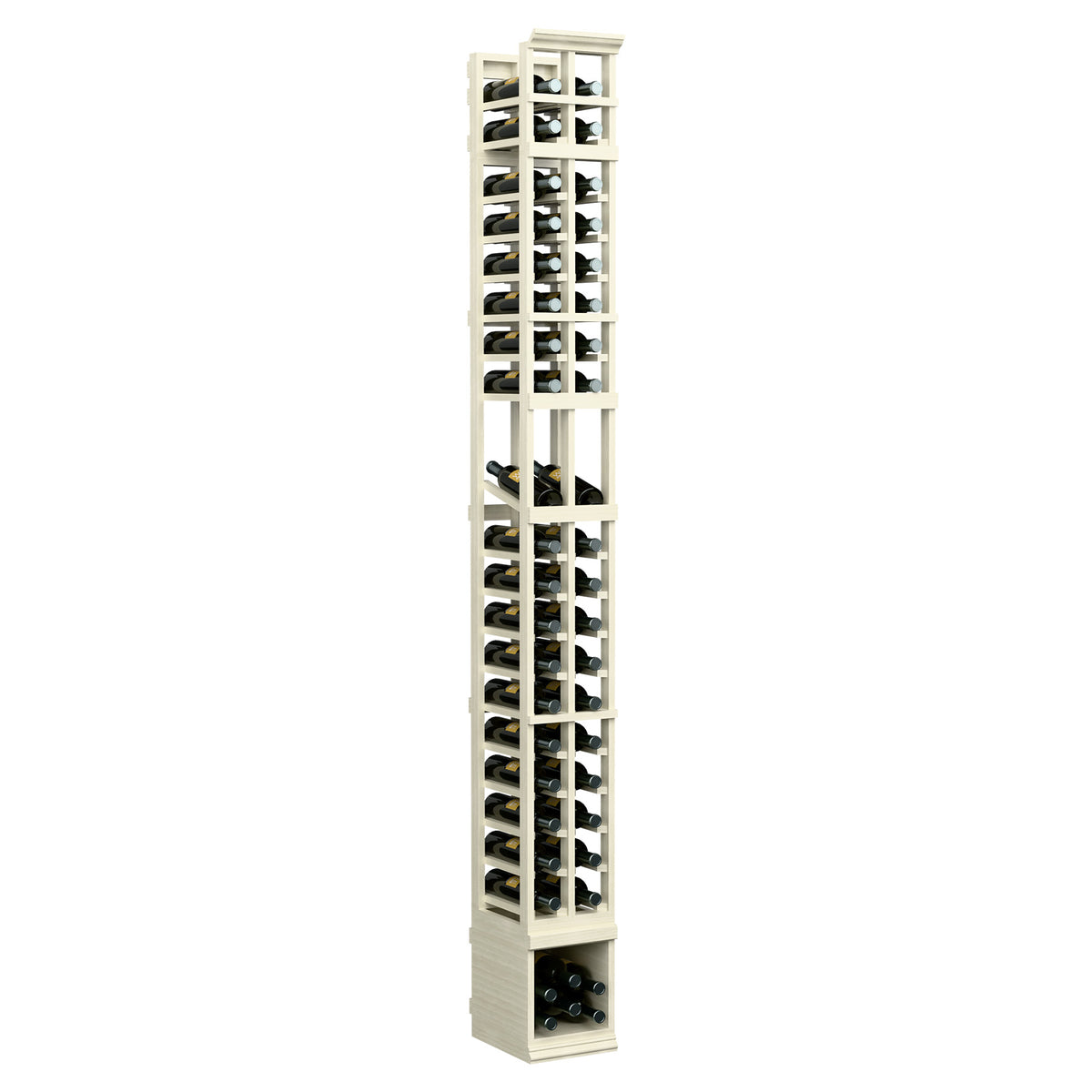 2-column wine bottle display rack in light whitewashed wood, full-height with grid bottle openings