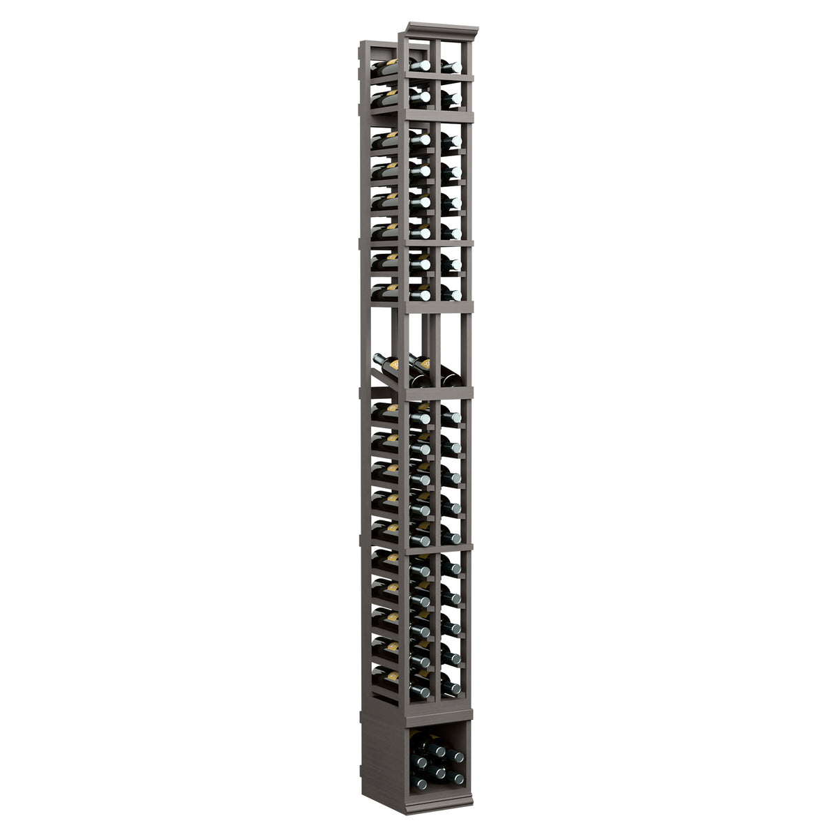 Tall 2-column wine display rack with open lattice dividers and bottle slots, dark finish
