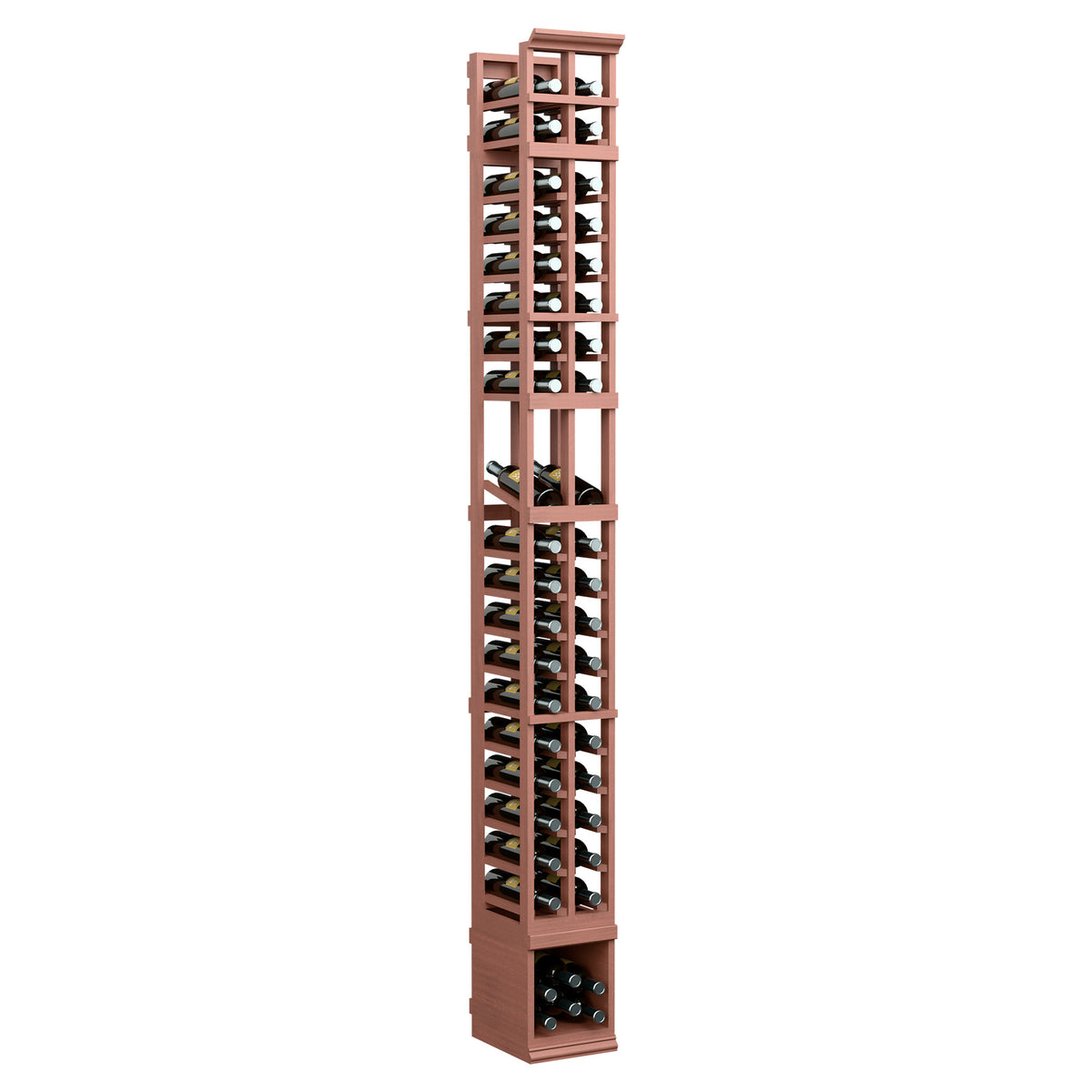 Tall 2-column wine display rack with open lattice dividers and bottle slots, red-brown finish