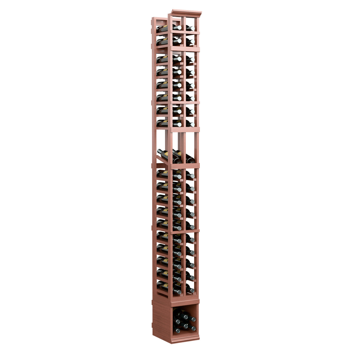 Tall 2-column wine display rack with open lattice dividers and bottle slots, red-brown finish