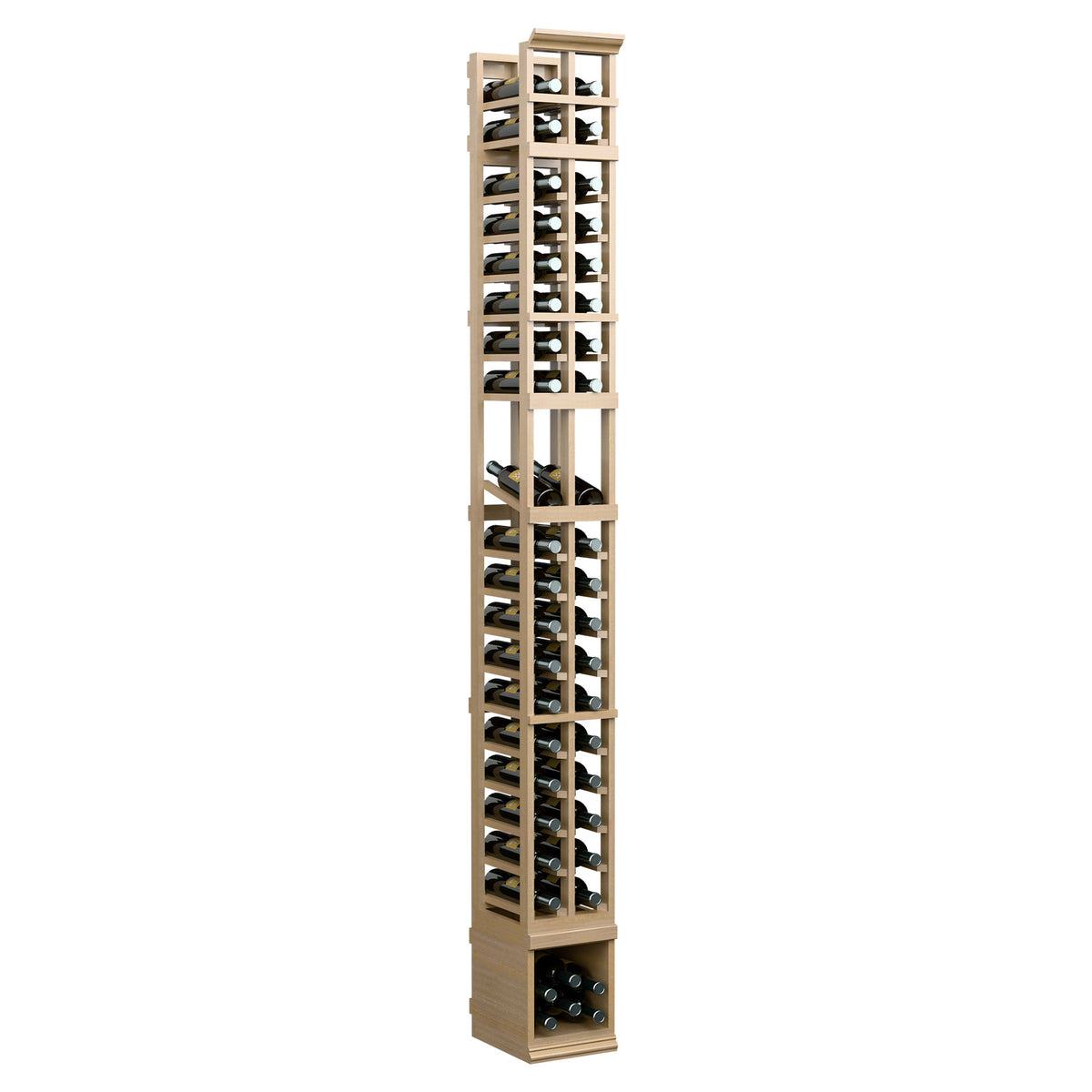 Tall 2-column wine display rack with open lattice dividers and bottle slots, light beige finish