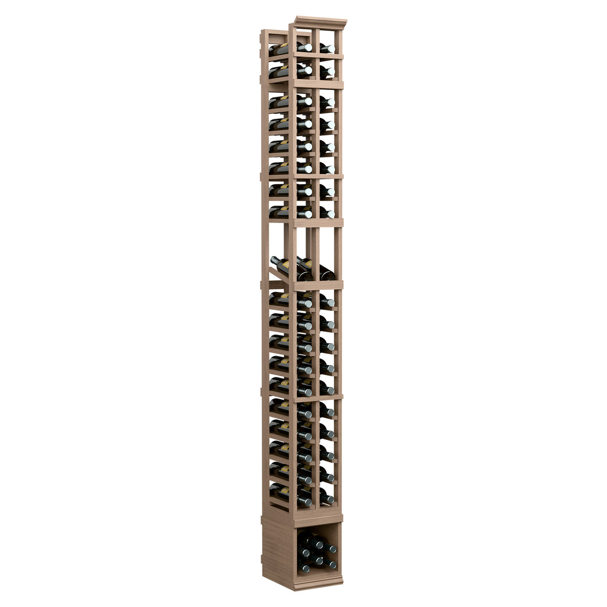 Tall 2-column wine display rack with open lattice dividers and bottle slots, light beige finish