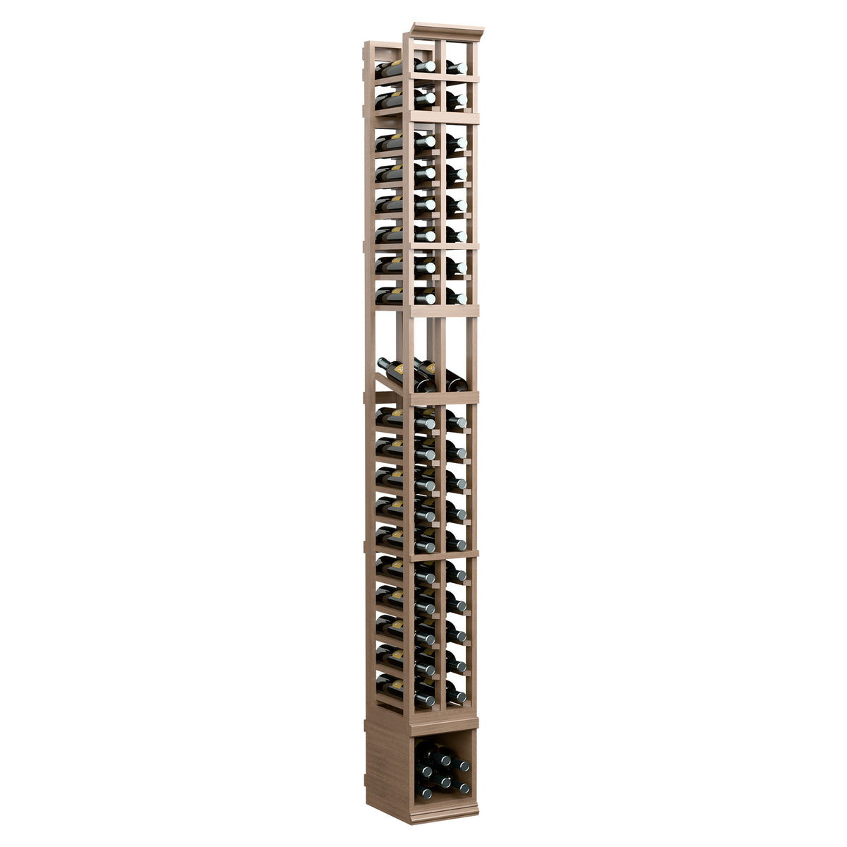 Tall 2-column wine display rack with open lattice dividers and bottle slots, light beige finish