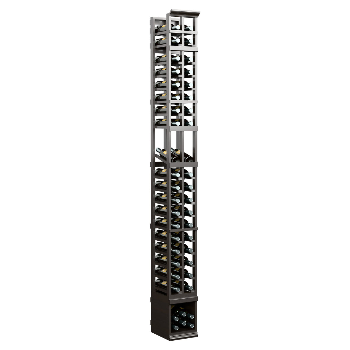 Tall 2-column wine display rack with open lattice dividers and bottle slots, dark finish