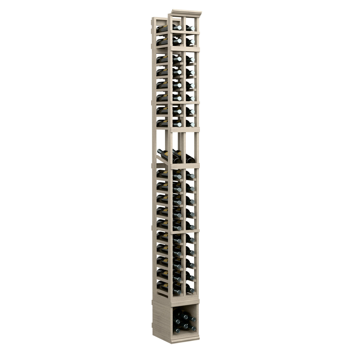 Two-column wooden wine bottle display rack, light stained finish with open bottle slots.