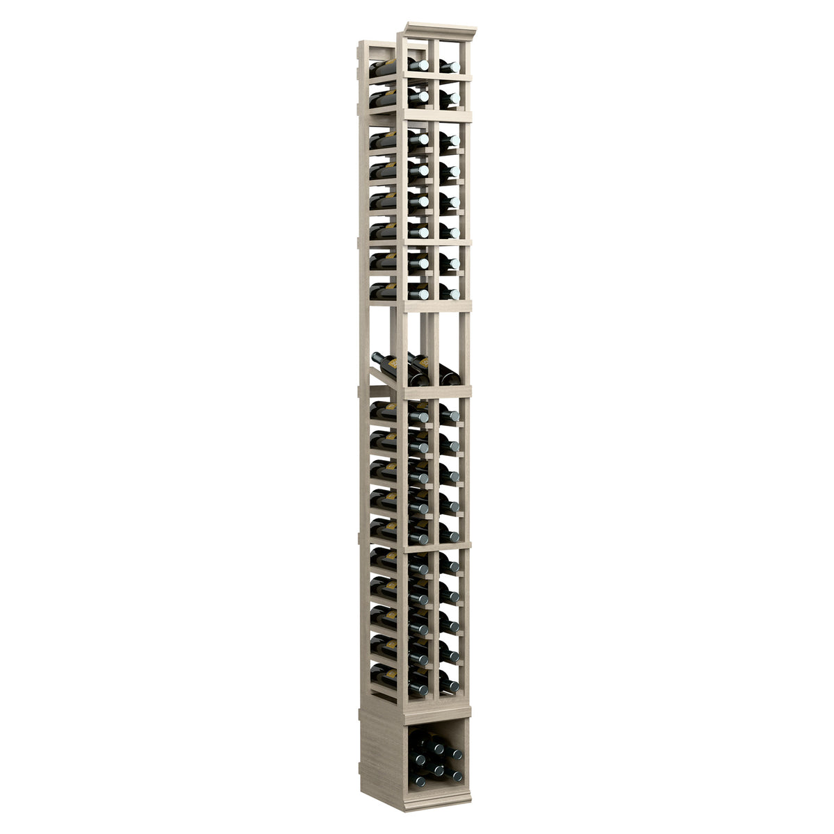 Two-column wooden wine bottle display rack, light stained finish with open bottle slots.
