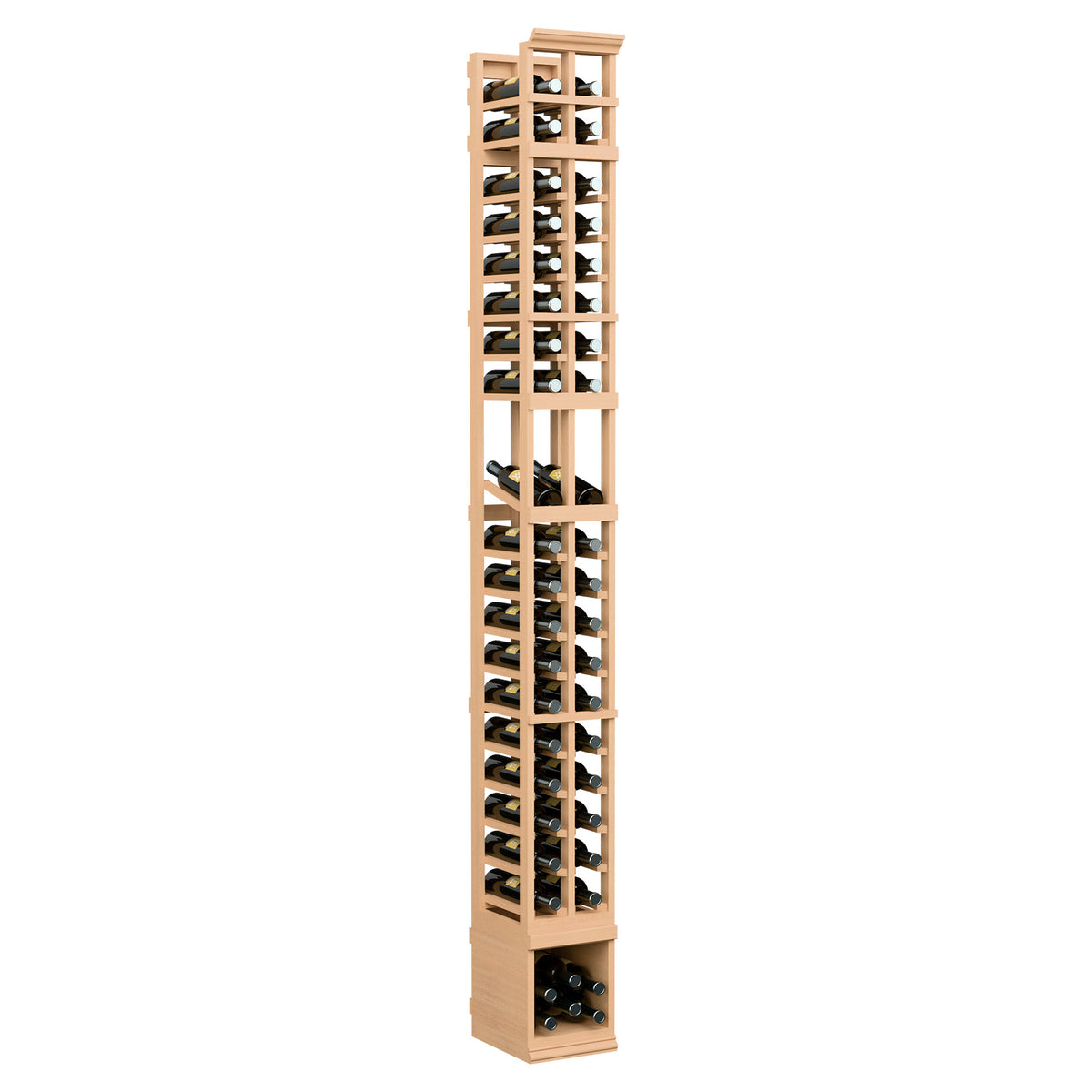 Two-column wooden wine bottle display rack, natural light wood with open bottle slots.