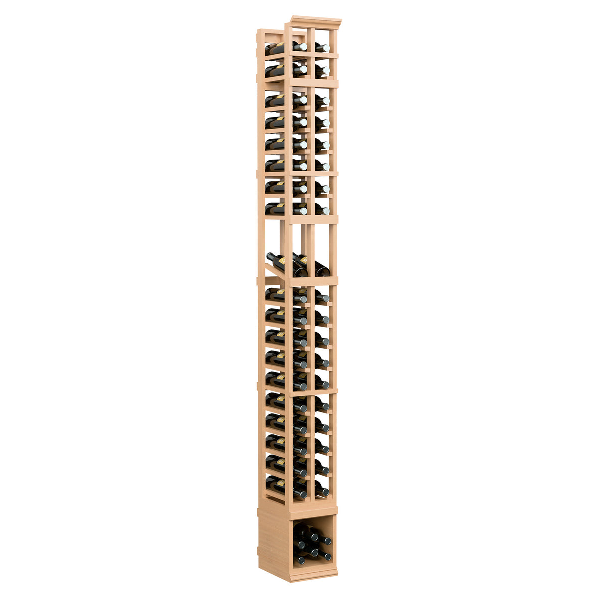 Two-column wooden wine bottle display rack, natural light wood with open bottle slots.