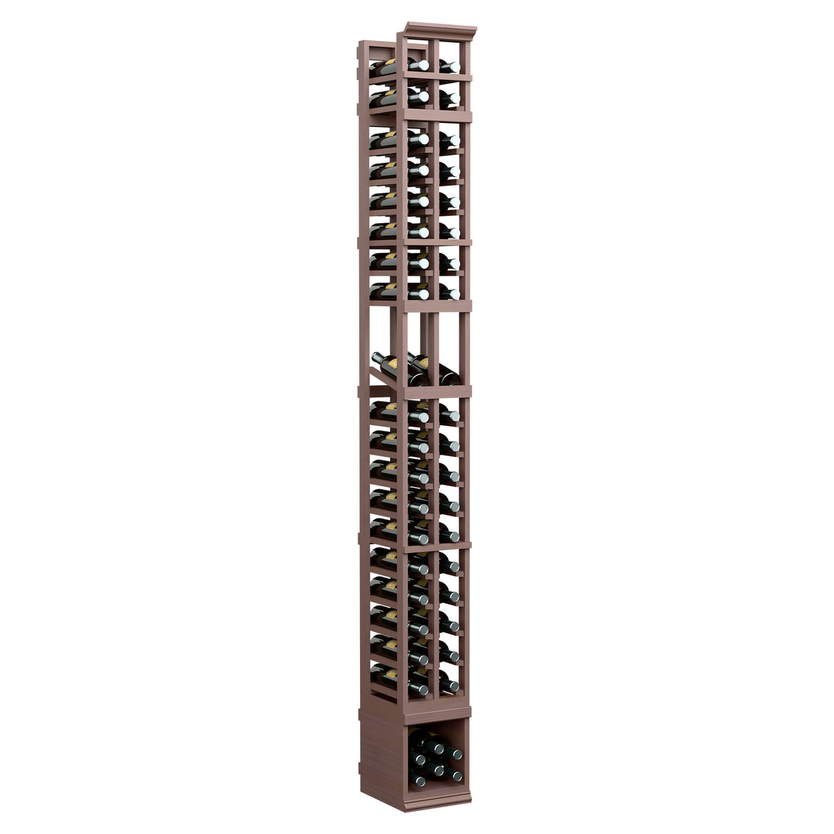Two-column wooden wine bottle display rack, dark stained finish with open bottle slots.