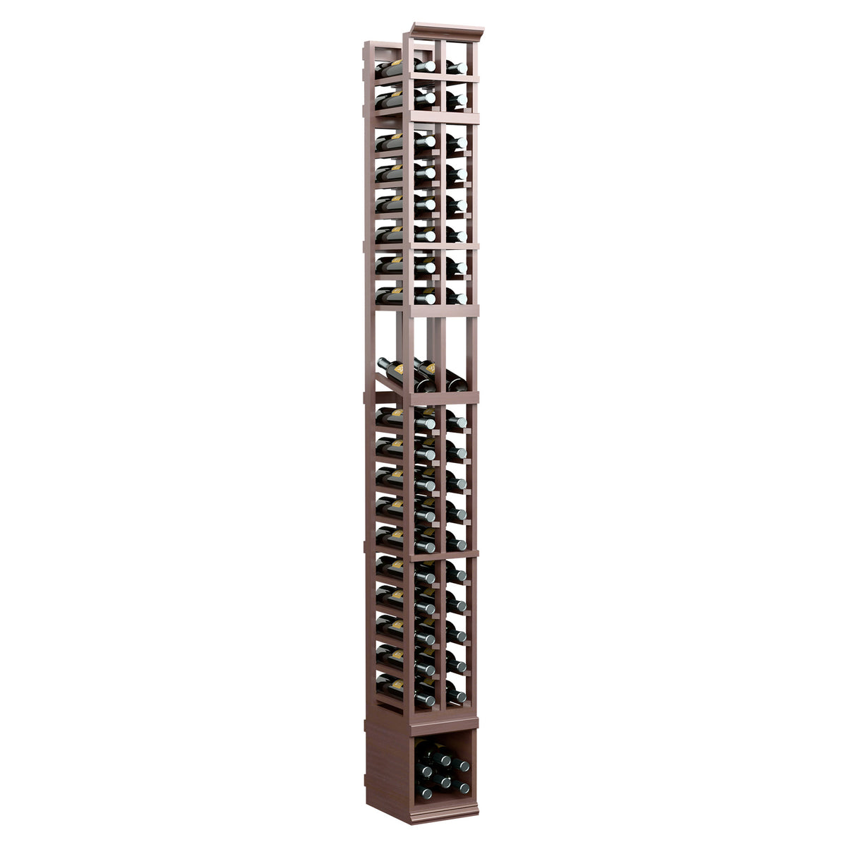 Two-column wooden wine bottle display rack, dark stained finish with open bottle slots.